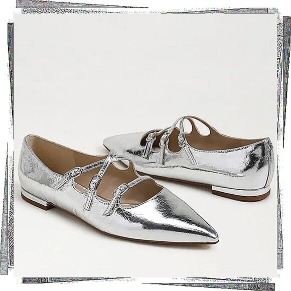 NWT: Silver "Cass" Leather Crisscross Mary Jane Point Toe Ballerina Flats (7) - Picture 1 of 11